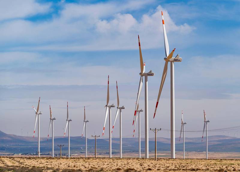 T3DF6R Wind turbines at a wind farm beside King's Highway  in Ma'an Governorate in Jordan. Alamy