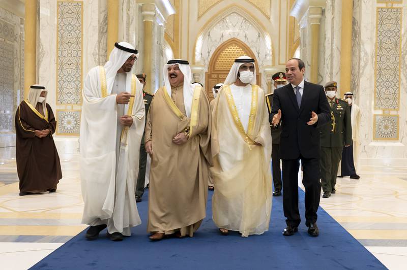 From left: Sheikh Mohamed bin Zayed, King Hamad of Bahrain and Sheikh Mohammed bin Rashid, with Mr El Sisi. Photo: Hamad Al Kaabi / Ministry of Presidential Affairs