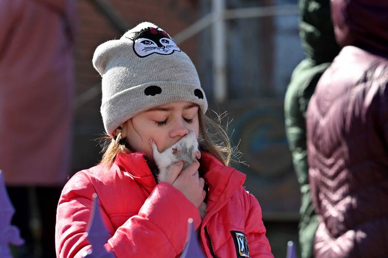 A girl kisses her pet rodent outside a five-storey residential building, part of which collapsed after a shelling. AFP