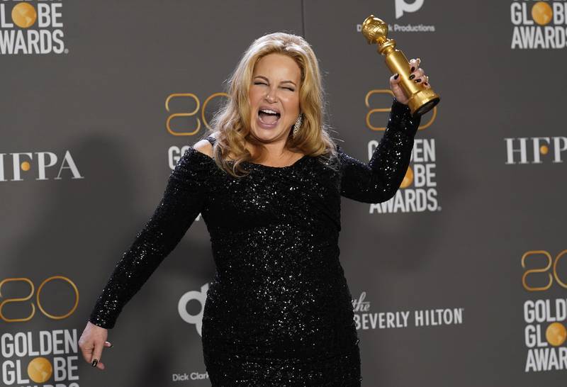 Jennifer Coolidge with the award for best performance by an actress in a supporting role in a limited series, anthology series or motion picture made for television for The White Lotus: Sicily. AP