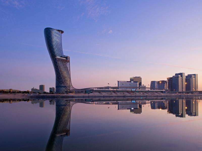 The Hyatt Capital Gate hotel - soon to be Andaz Capital Gate - is housed in the Capital Gate building in Abu Dhabi, which is tilted at an angle of 18 degrees. Courtesy Hyatt Capital Gate