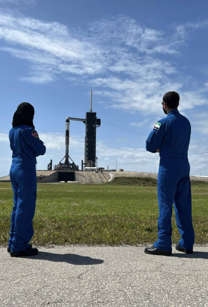 Ms Al Matrooshi and Mr Al Mulla admire the views of the Space Launch System rocket at a launch pad in Florida's Kennedy Space Centre. Photo: Mr Al Mulla Instagram