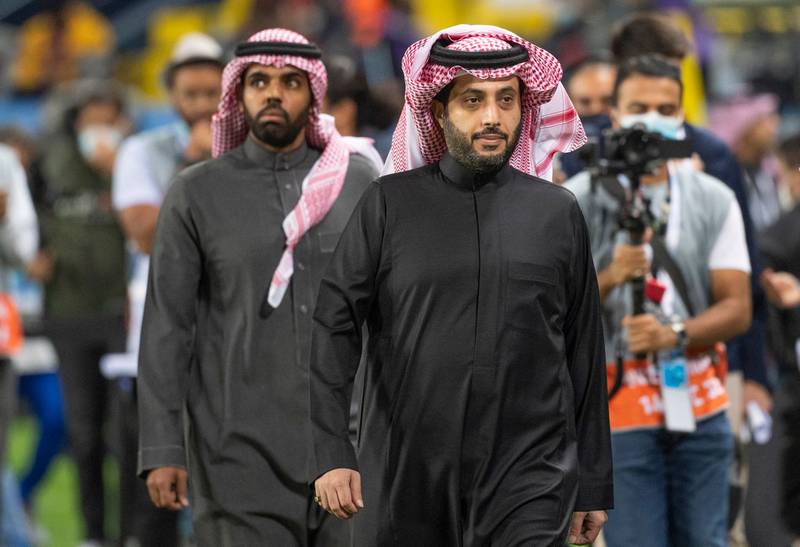 Turki al-Sheikh, Chairman of Saudi's General Authority for Entertainment (C) attends the Maradona Cup at the Mrsool Park Stadium in the Saudi capital Riyadh. AFP