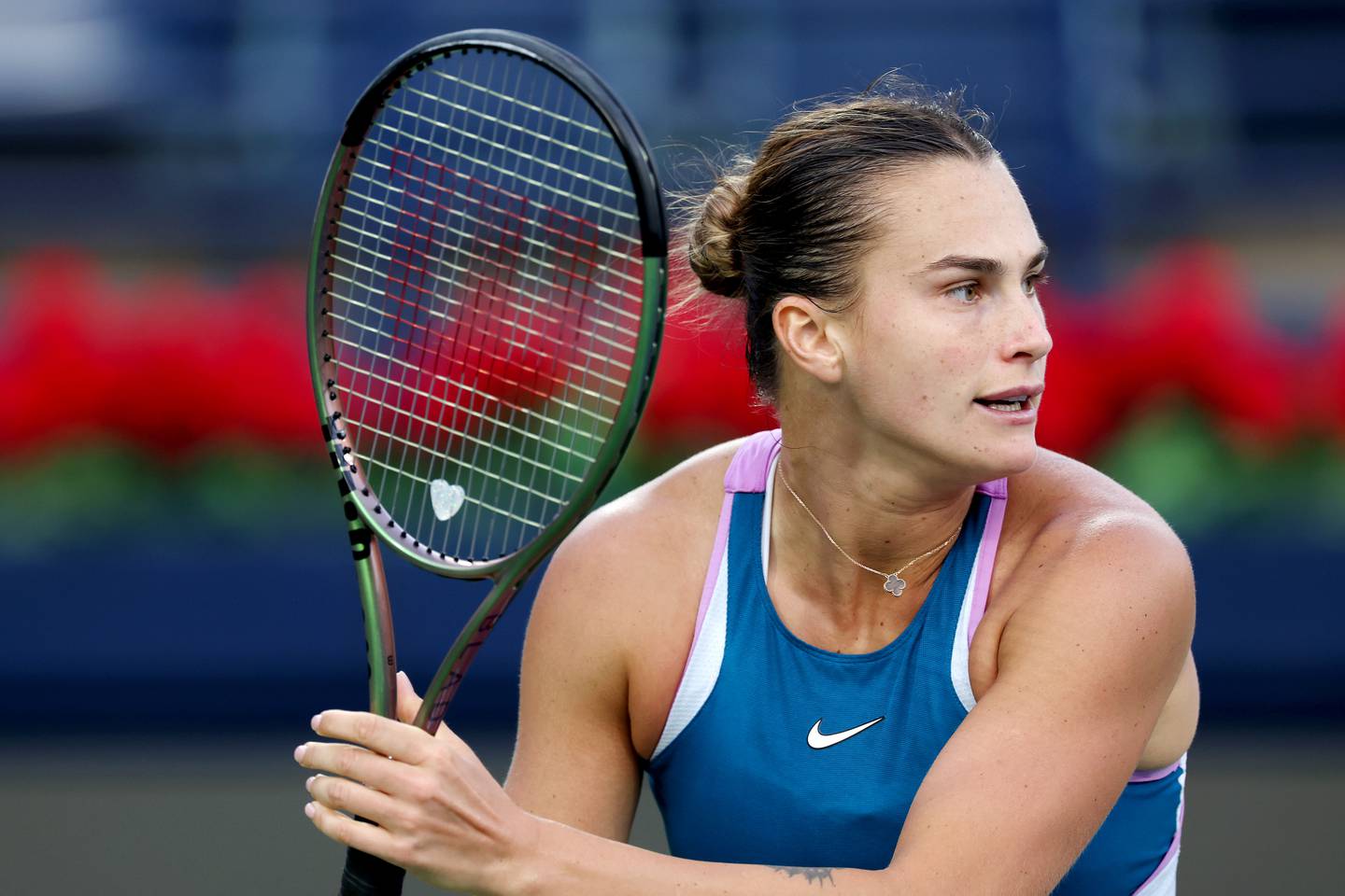 DUBAI, UNITED ARAB EMIRATES - FEBRUARY 21: Aryna Sabalenka looks on while playing against Lauren Davis of the USA during her women's singles match on day three of the Dubai Duty Free Tennis at Dubai Duty Free Tennis Stadium on February 21, 2023 in Dubai, United Arab Emirates. (Photo by Christopher Pike / Getty Images)