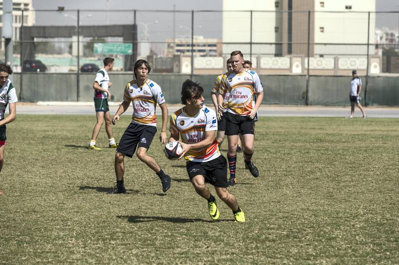 DUBAI, UNITED ARAB EMIRATES. 08 November 2017. Gems World Academy Dubai during a practice match ahead of the Dubai Rugby Sevens. The school team who started their rugby team from scratch 8 weeks ago but hopes to be competitive at this years Dubai Rugby Sevens. (Photo: Antonie Robertson/The National) Journalist: Paul Radley. Section: Sport.