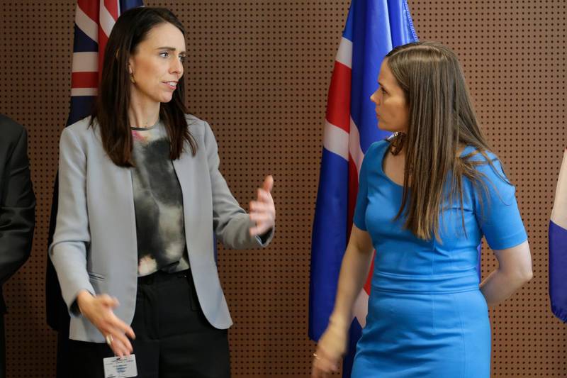 The Prime Minister of New Zealand Jacinda Ardern, left, talks with the Prime Minister of Iceland Katrin Jakobsdottir before a news event at U.N. headquarters. The countries were announcing a new initiative on climate change and trade. AP Photo