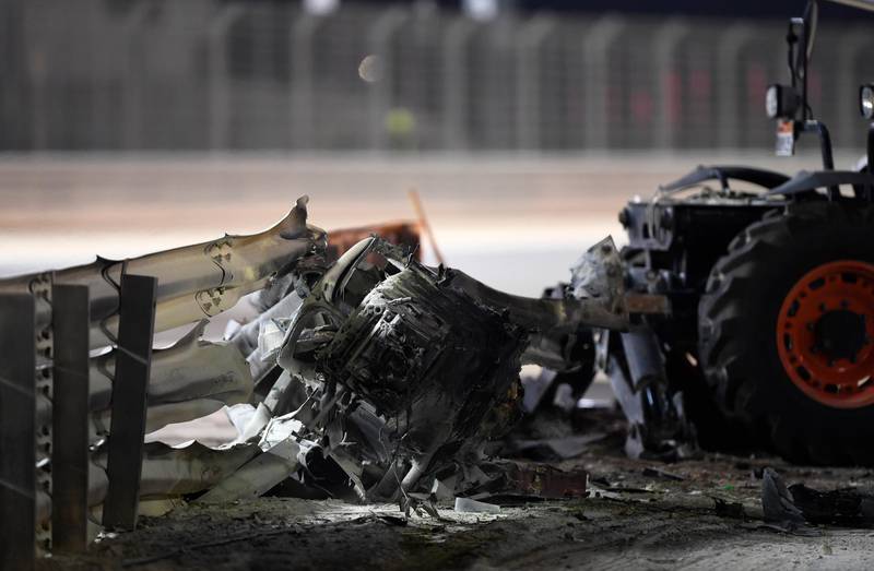 Debris following the crash of Romain Grosjean's Haas car at the Bahrain International Circuit on Sunday. Getty