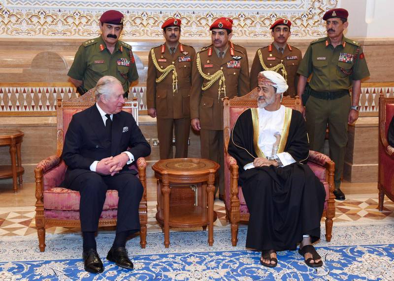 Sultan Sayyid Haitham Bin Tariq Al Said receives receives Britain's Prince Charles in the capital Muscat. AFP
