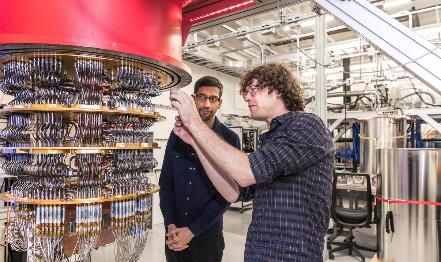 A handout picture from October 2019 shows Sundar Pichai and Daniel Sank (R) with one of Google's Quantum Computers in the Santa Barbara lab, California, U.S. Picture taken in October 2019.      Google/Handout via REUTERS        THIS IMAGE HAS BEEN SUPPLIED BY A THIRD PARTY.