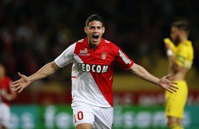 AS Monaco player James Rodriguez reacts after scoring against Nantes during their Ligue 1 match on Sunday. Eric Gaillard / Reuters / April 6, 2014  