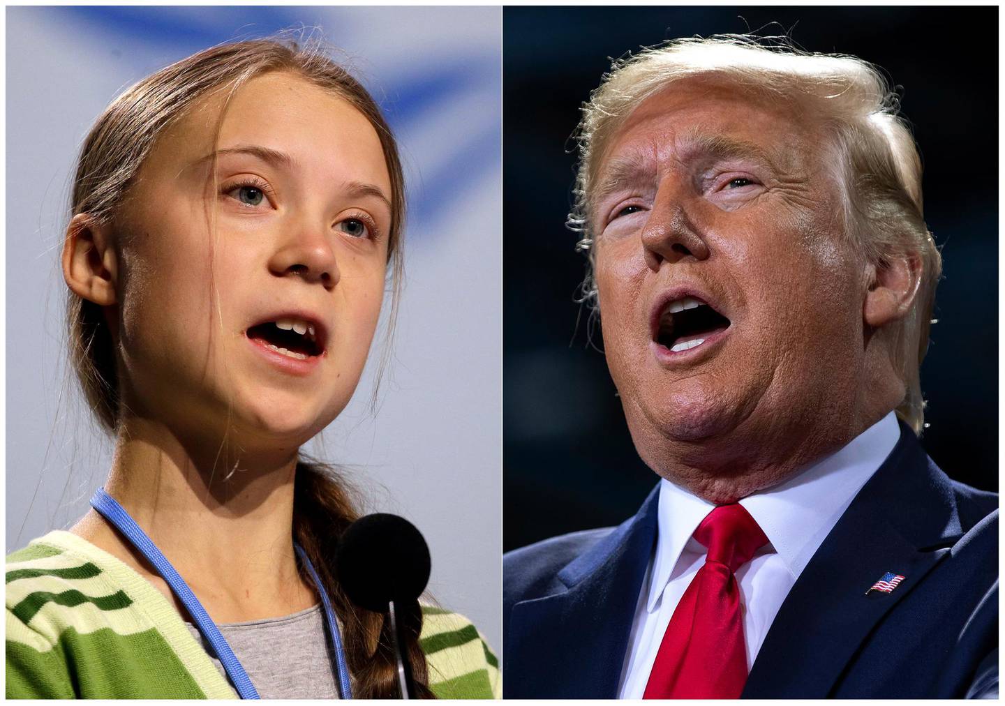 This combination photo shows Swedish climate activist Greta Thunberg speaking at the COP25 summit in Madrid, Spain on Dec. 11, 2019, left, and President Donald Trump speaking at a campaign rally in Battle Creek, Mich. on Dec. 18, 2019. When climate activist Greta Thunberg, also 16, was named Time magazine's 2019 person of the year, President Donald Trump took to Twitter to call her choice â€œridiculous." (AP Photo/Paul White, left, and Evan Vucci)