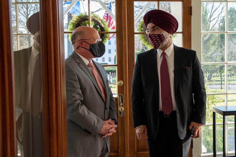 US Navy’s chief of naval operations Mike Gilday and India ambassador to the US Singh Sandhu. Courtesy Twitter / USNavyCNO