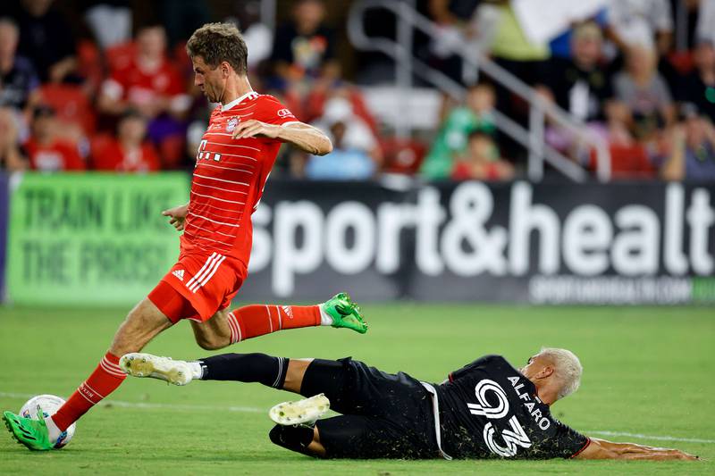 Thomas Muller scores Bayern's sixth goal against DC United. Getty
