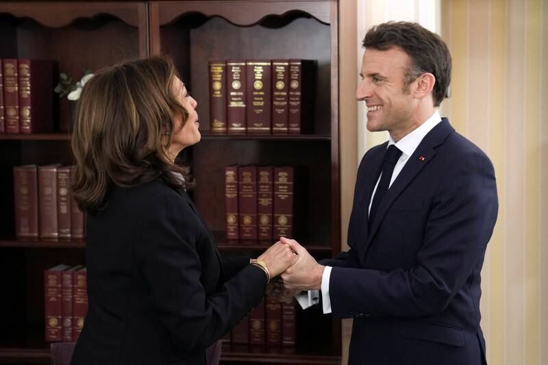 US Vice President Kamala Harris meets with French President Emmanuel Macron. Reuters
