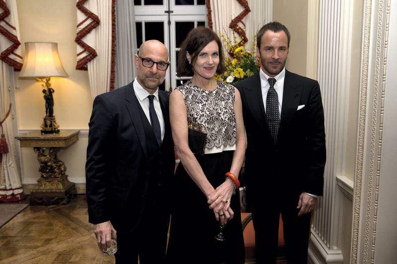 LONDON, ENGLAND - MARCH 9:  U.S. actor Stanley Tucci, left, poses for a group photograph with U.S. actress Elizabeth McGovern, who plays Cora Crawley, Countess of Grantham in the television series Downton Abbey and U.S. fashion designer Tom Ford during a reception for Americans living and working in the UK, at the official residence of the U.S. Ambassador to Britain, Winfield House on March 9, 2015 in London, United Kingdom. The reception was held Monday evening ahead of Prince Charles and his wife Camilla visiting the U.S. next week. (Photo by Matt Dunham - WPA Pool/Getty Images)