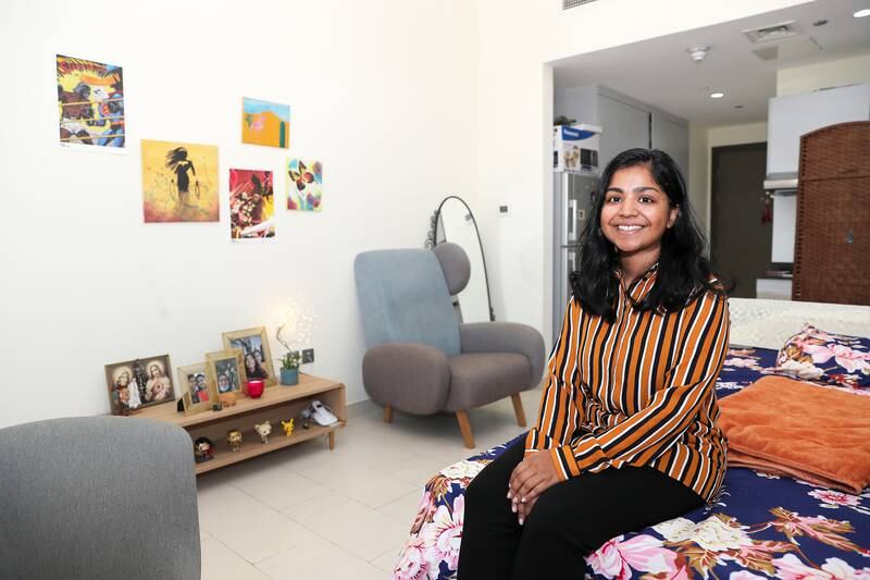 Susan George at her studio apartment in Dubai’s Al Furjan community. She chose the place because it's close to her office in Media City. All photos: Pawan Singh / The National