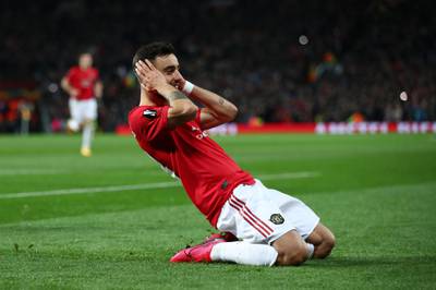 Bruno Fernandes of Manchester United after scoring his team's first goal from the penalty spot at Old Trafford. Getty Images