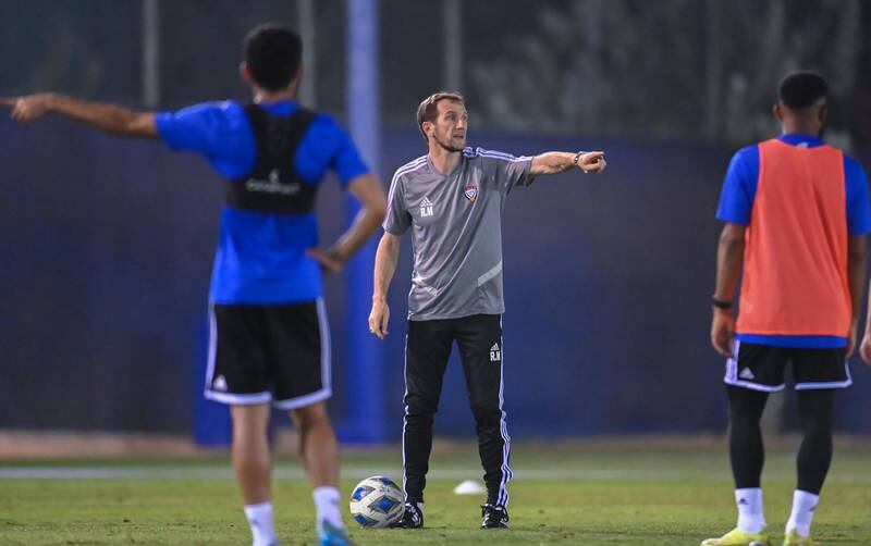 UAE manager Rodolfo Arruabarrena takes training at the Abdullah bin Khalifa Stadium in Doha ahead of the national team's 2022 World Cup play-off against Australia on Tuesday. Photo: courtesy UAE FA