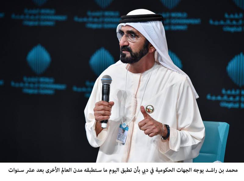 Sheikh Mohammed bin Rashid, Vice President and Ruler of Dubai, launches Dubai 10X at the World Government Summit on Tuesday. Wam