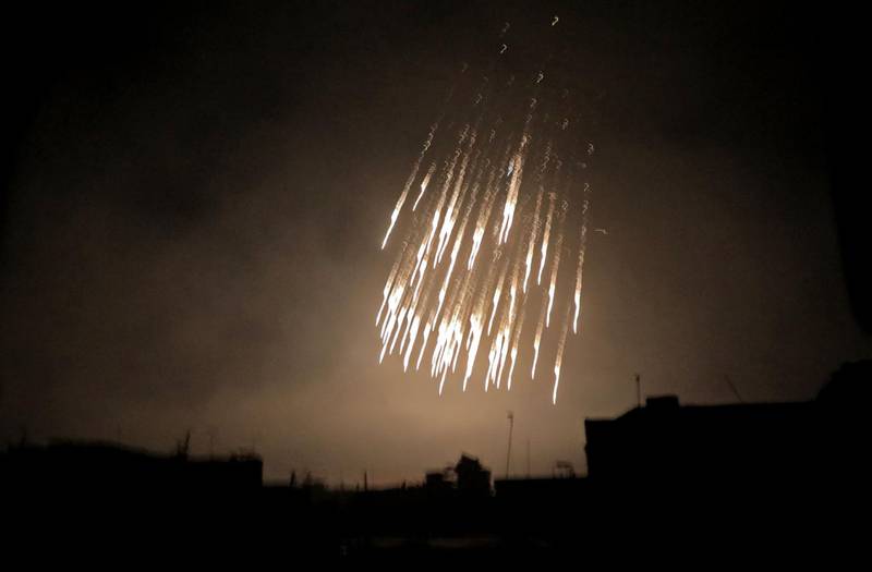 What appears to be white phosphorus incendiaries over Douma during regime bombardment of what was one of the few remaining rebel-held pockets in Eastern Ghouta. AFP, file