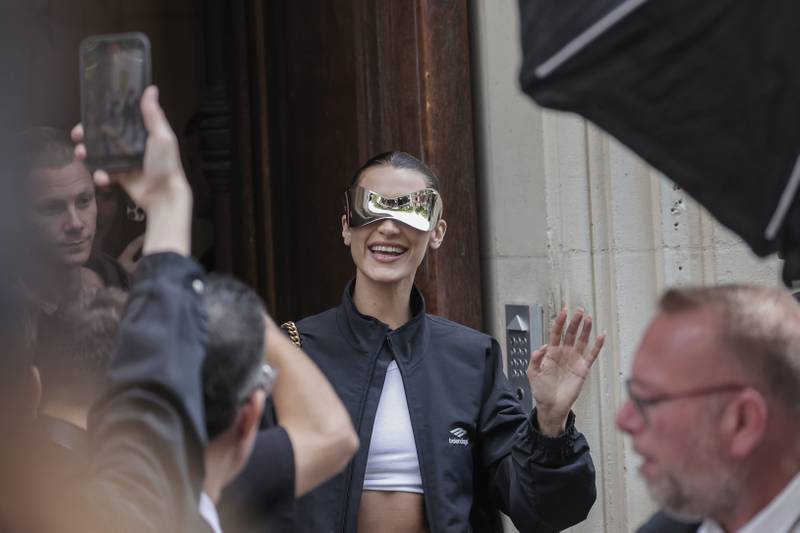 Bella Hadid departs after the Balenciaga Haute Couture Fall/Winter 2022-2023 fashion collection in Paris. AP