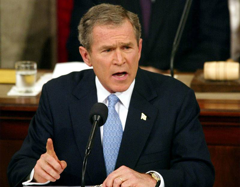 FILE - In this Jan. 29. 2002, file photo, President George W. Bush labels North Korea, Iran and Iraq an "axis of evil" during his State of the Union address on Capitol Hill.  North Korea has a long track record of issuing threats and ultimatums that donâ€™t necessary lead to action. Then again, when it does act - often without warning - it can be fatal.  North Korea reacted to President Bush's claim that it was part of an â€œAxis of Evilâ€ by issuing a warning through its Foreign Ministry that it the U.S. isnâ€™t the only country that can attack its adversaries and said it would "mercilessly wipe out the aggressors." So far, it hasnâ€™t.  (AP Photo/Doug Mills, File)