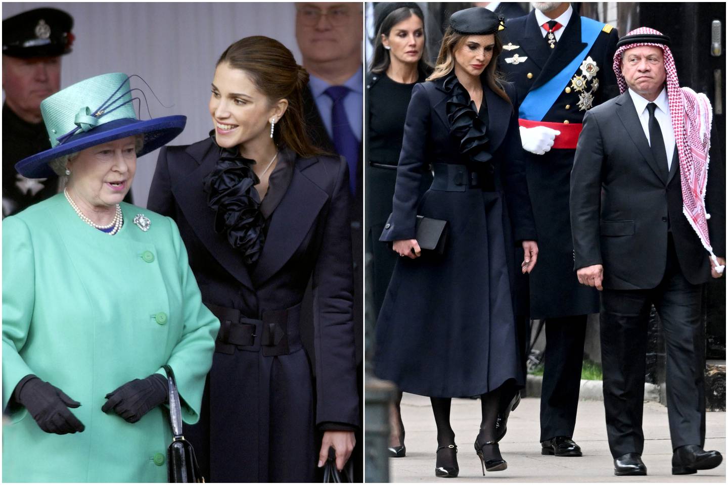 Left, Queen Rania of Jordan with Queen Elizabeth II in November 2001. Right, at the funeral of Queen Elizabeth with King Abdullah II. Photos: Getty Images, Royal Hashemite Court