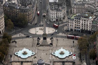A quiet Trafalgar Square in London. Getty Images