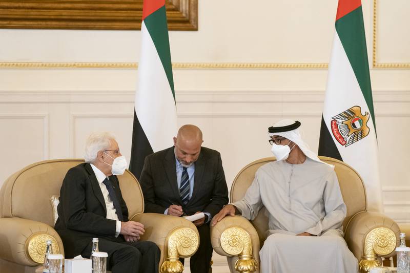 Sergio Mattarella, the president of Italy, left, offers condolences to the President, Sheikh Mohamed.