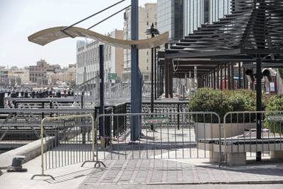 DUBAI, UNITED ARAB EMIRATES. 26 APRIL 2020. The barrier along the Baniyas road entrance to the quarentined Al Ras area in Deira. (Photo: Antonie Robertson/The National) Journalist: Ramola Talwar. Section: National.