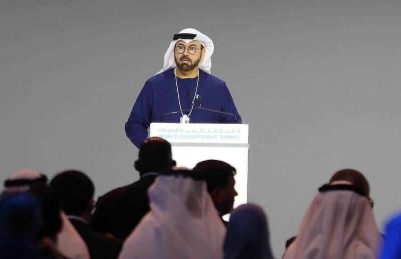 Mohammed Al Gergawi, Minister of Cabinet Affairs and the chairman of the World Government Summit, delivers the opening speech. Pawan Singh / The National