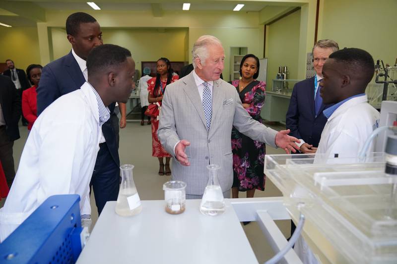 Prince Charles speaks to students during a visit to the Integrated Polytechnic Regional College in Kigali. PA