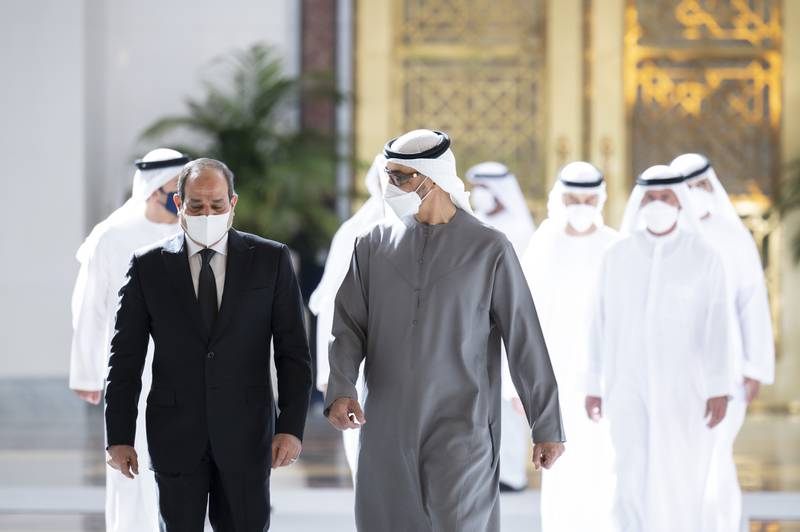 Abdel Fattah El Sisi, President of Egypt, walks with Sheikh Mohamed bin Zayed, President of the UAE, at the Presidential Airport in Abu Dhabi. Mohamed Al Hammadi / Ministry of Presidential Affairs