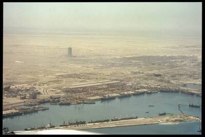 A view from above Port Rashid towards the construction site of the World Trade Centre in 1977. Photo: John R Harris Library