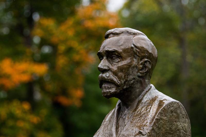 A bust of Alfred Nobel outside Bjoerkborn Manor, his summer home in the last years of his life. AFP