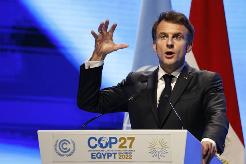 French President Emmanuel Macron delivers a speech at Cop27. AP 