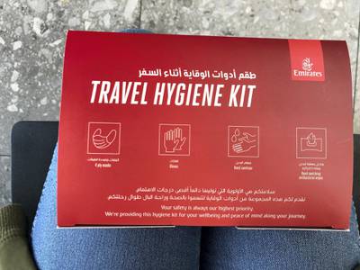 Passengers on board an Emirates flight to Dubai from Heathrow were given a Travel Hygiene Kit. Courtesy: Marianne Bagui