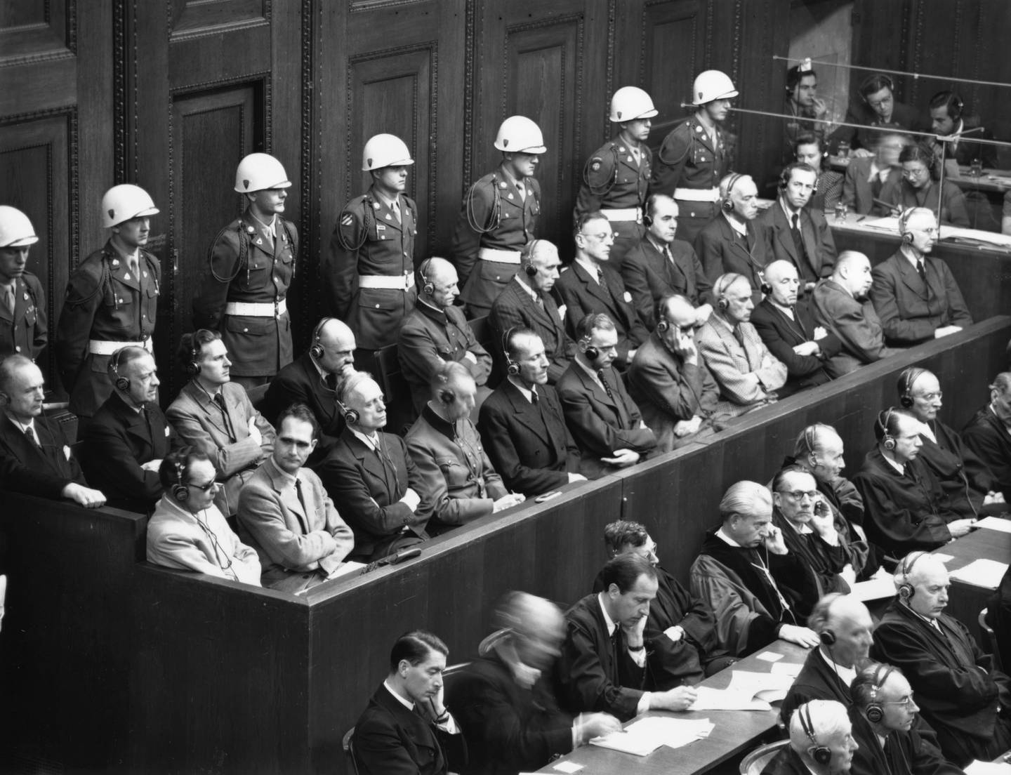 Leading Nazis in the dock in the courtroom at Nuremberg in 1946. Getty Images