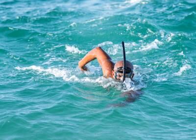 DUBAI, UNITED ARAB EMIRATES. 15 OCTOBER 2020. Endurance swimming champion Shehab Allam trains a day before he is set on creating a world swimming record in Dubai by braving a 25km stretch from Al Seef to Dubai Water Canal.(Photo: Reem Mohammed/The National)Reporter:Section: