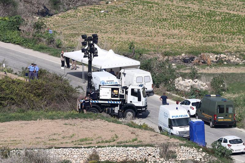 Malta police officers at the scene a day after the killing of journalist Daphne Caruana Galizia in Bidnija, Malta, on October 16, 2017.
