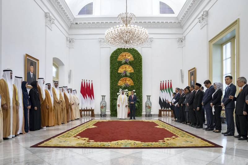 JAKARTA, INDONESIA - July 24, 2019: HH Sheikh Mohamed bin Zayed Al Nahyan, Crown Prince of Abu Dhabi and Deputy Supreme Commander of the UAE Armed Forces (center L) and HE Joko Widodo, President of Indonesia (center R), witness an MOU signing ceremony at the Bogor Presidential Palace. 

( Mohamed Al Hammadi / Ministry of Presidential Affairs )
---