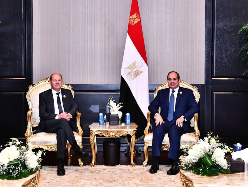 President of Egypt Abdel Fattah El Sisi meets German Chancellor Olaf Scholz on the sidelines of Cop27 in Sharm El Sheikh. EPA