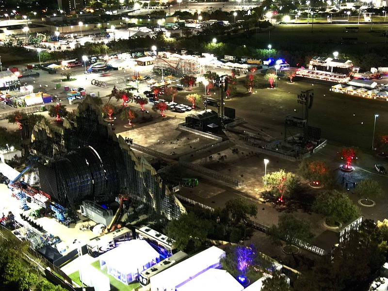 The Astroworld site is vacant early on Saturday after several were killed during surges in the crowd at the Travis Scott performance. AP