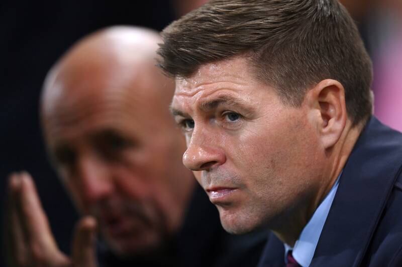 Aston Villa boss Steven Gerrard looks on from the touchline. Getty Images