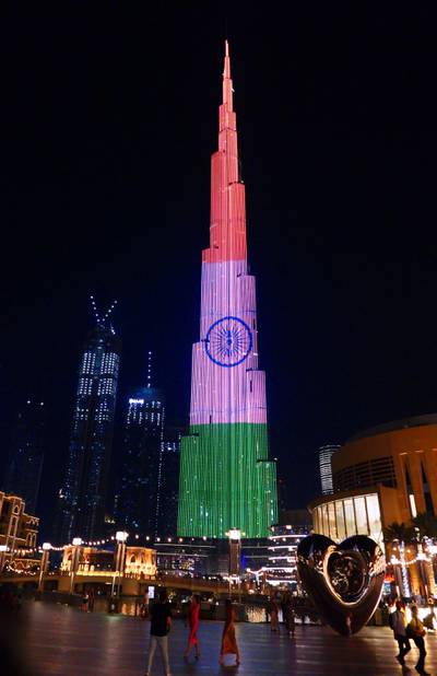 Indian flag projected on Burj Khalifa in Dubai in support during the COVID pandemic situation in India on April 25, 2021. Pawan Singh / The National. 