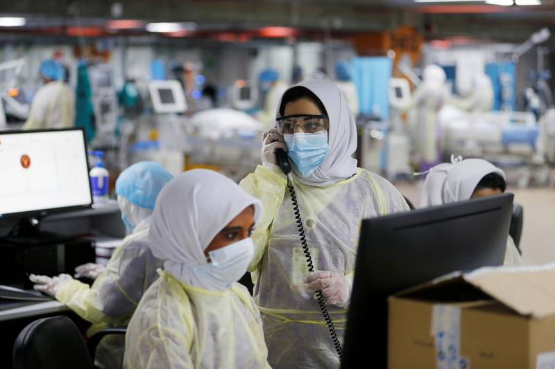 Doctors and nurses are seen doing their final check on the equipment in a makeshift ICU dubbed the Field Intensive Care Unit 1 set up by Bahraini authorities to treat the coronavirus disease. Reuters