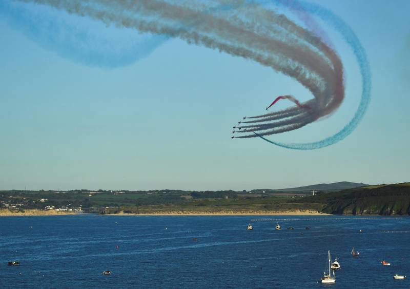 The Red Arrows fly over Carbis Bay and St Ives during the G7 summit. Reuters