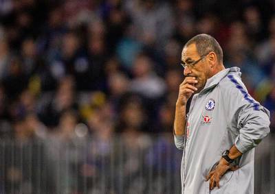 epa06906256 Maurizio Sarri, coach of Chelsea Football Club, reacts during the friendly match between Perth Glory of Australia and Chelsea FC of England at Optus Stadium in Perth, Australia, 23 July 2018.  EPA/TONY MCDONOUGH EDITORIAL USE ONLY AUSTRALIA AND NEW ZEALAND OUT