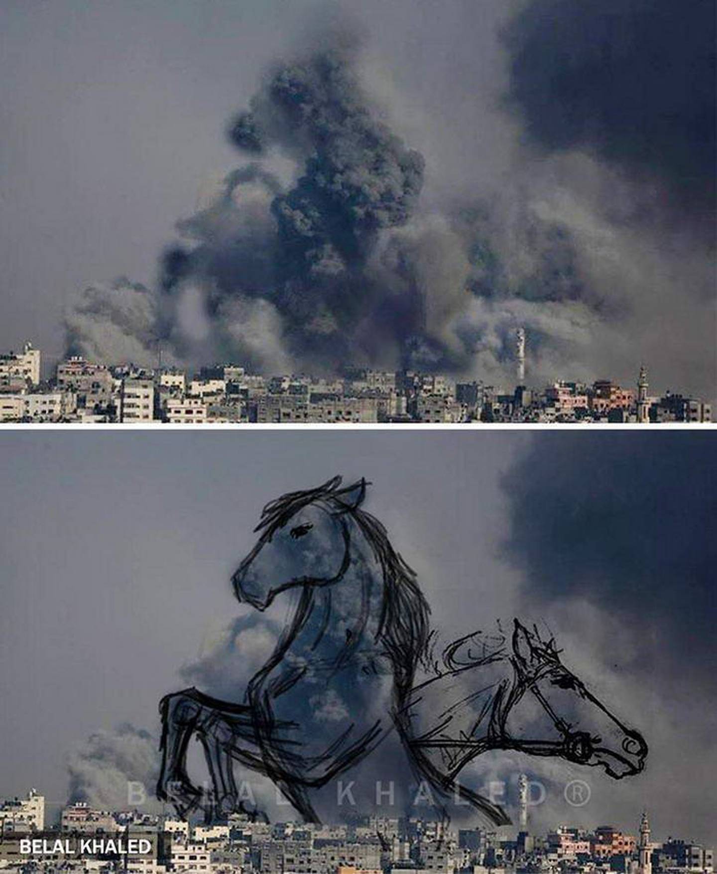 In this 2014 work, Belal Khaled superimposed sketches of horses on a landscape of destruction during the war. Belal Khaled