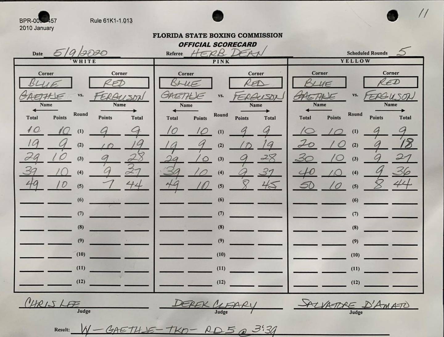 The official scorecards from Justin Gaethje v Tony Ferguson at UFC 249.